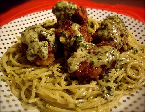Creamy Pesto Spaghetti with Meatballs Creamy Pesto Spaghetti with Meatballs