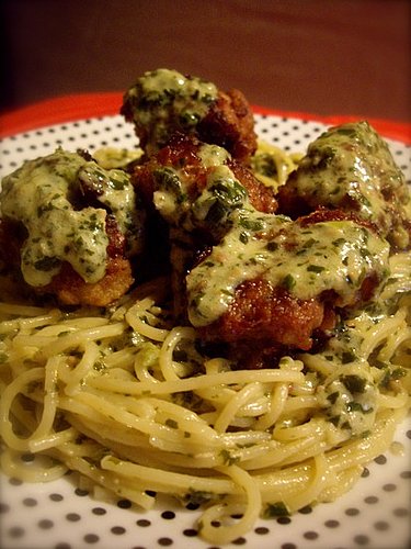 Creamy Pesto Spaghetti with Meatballs Creamy Pesto Spaghetti with Meatballs