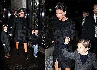 Victoria Beckham In Milan Wearing Black Coat, Christian Louboutin Boots, and Crystal Headband