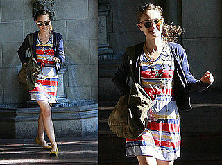Natalie Portman Goes to Chateau Marmont in Striped Dress and Yellow Flats