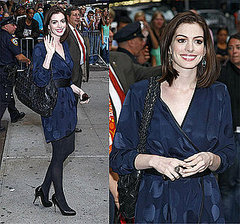 Anne Hathaway Visits The David Letterman Show in a Marc Jacobs Dress Anne Hathaway Visits The David Letterman Show in a Marc Jacobs Dress