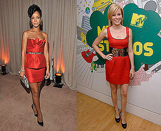 Rihanna and Elizabeth Banks Wear Red Dress, Leopard Belt, Black Pumps