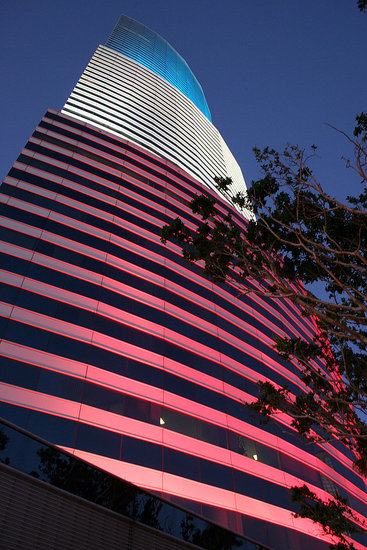 The building lit up at night.