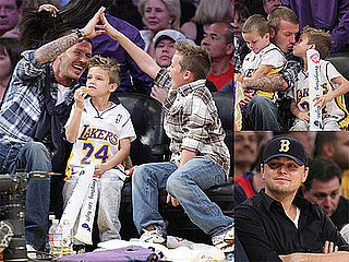 Photos of David Beckham, Cruz Beckham, Romeo Beckham, Brooklyn Beckham, Leonardo DiCaprio at Lakers-Pistons Game
