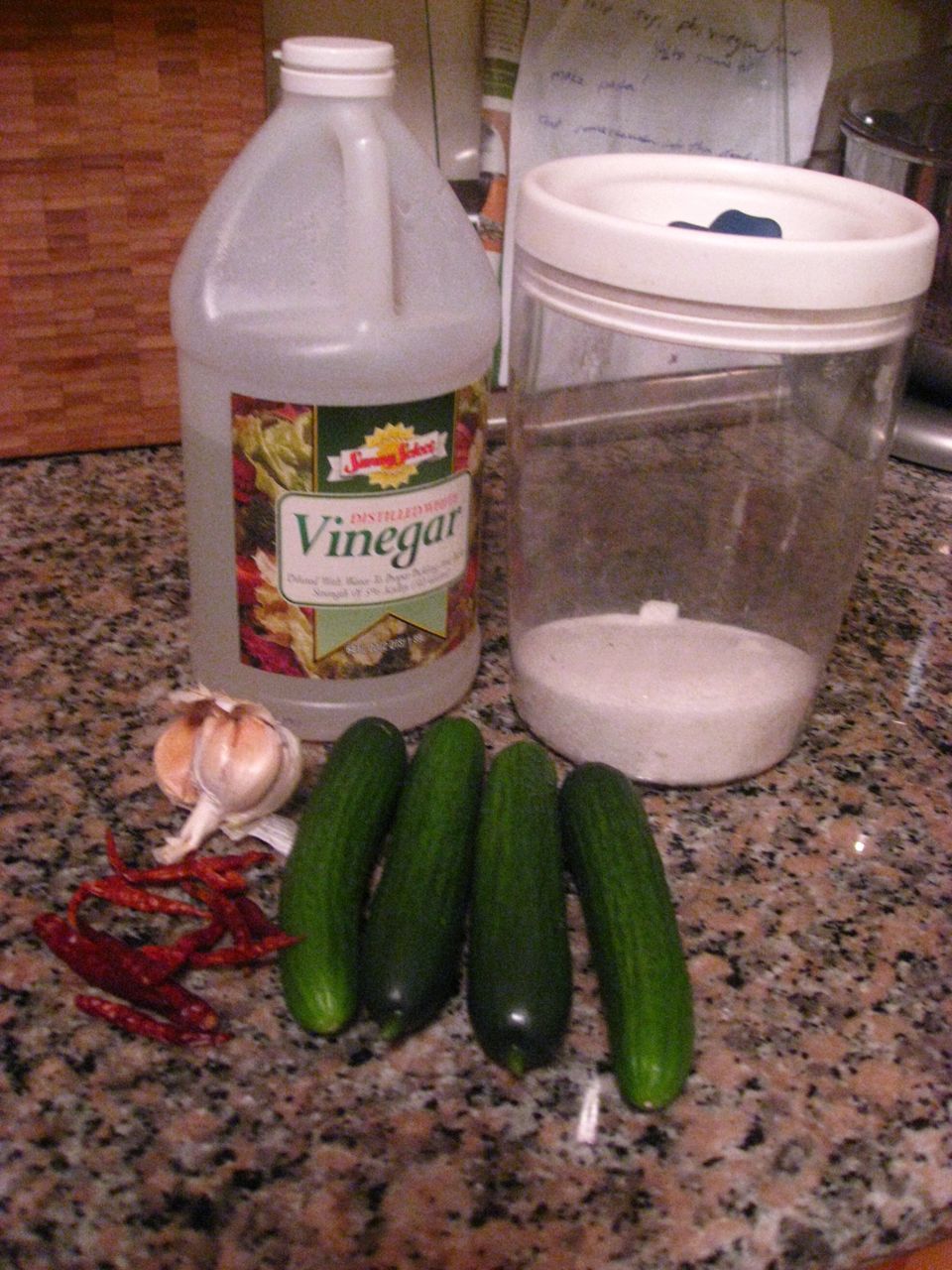 Sugar, White Vinegar, Mini Cucumbers, Garlic, Hot Peppers Sugar, White Vinegar, Mini Cucumbers, Garlic, Hot Peppers