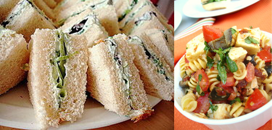 Supplement the store bought goods with a few homemade treats. A plastic container with pasta salad or wax paper wrapped tea sandwiches are easy to make in large quantities.
Source
Supplement the store bought goods with a few homemade treats. A plastic container with pasta salad or wax paper wrapped tea sandwiches are easy to make in large quantities.
Source
