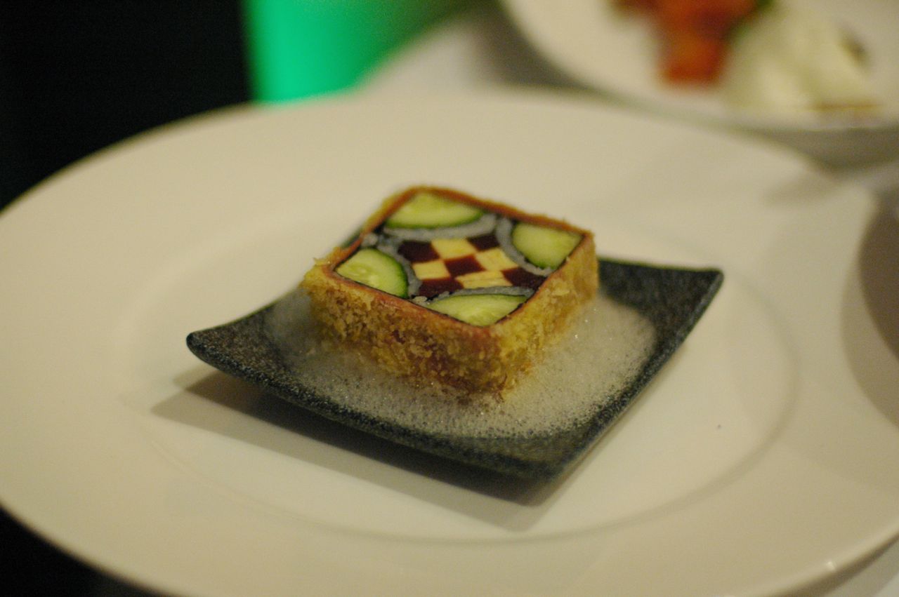 Morimoto's complex sushi roll. Morimoto's complex sushi roll.