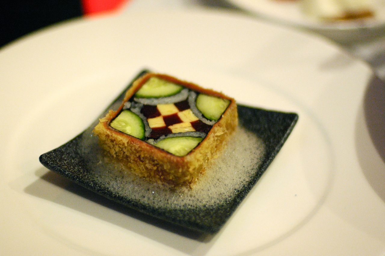 Morimoto's complex sushi roll. Morimoto's complex sushi roll.