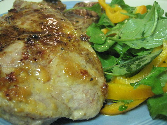 Garlic-Miso Pork Chops With Orange Bell Pepper and Arugula