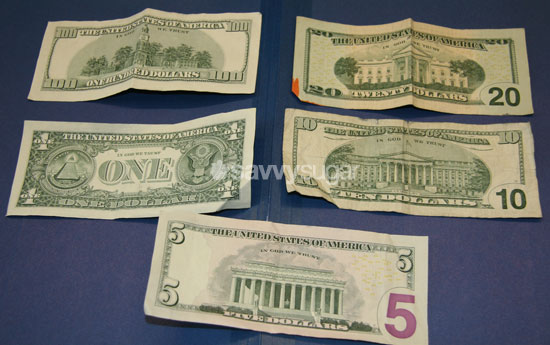 The backs of the bills are distinctly different from one another, with the twenty and ten resembling each other most. The backs of the bills are distinctly different from one another, with the twenty and ten resembling each other most.