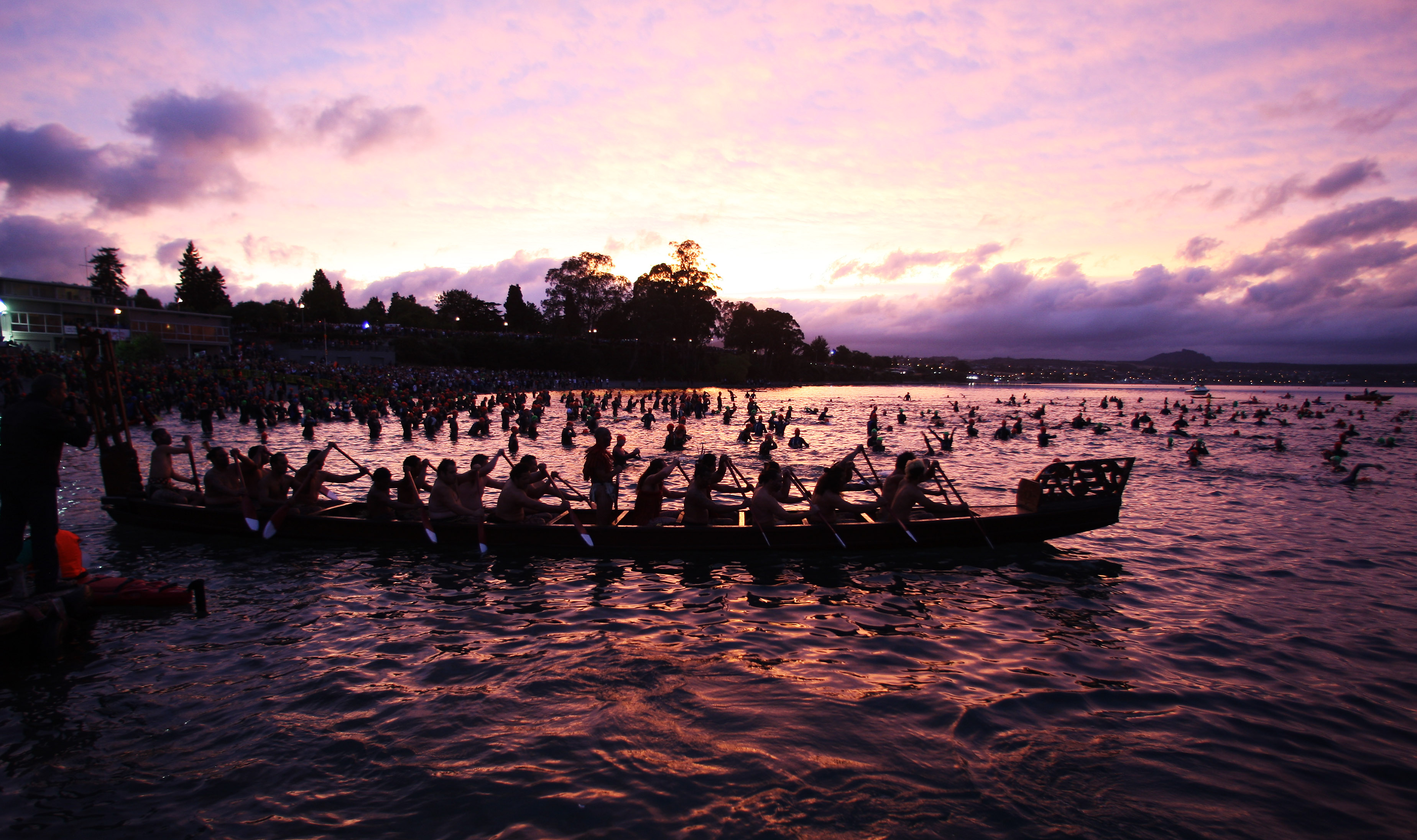 A maori Waka (war canoe) escorts competitors during March's NZ Ironman. A maori Waka (war canoe) escorts competitors during March's NZ Ironman.