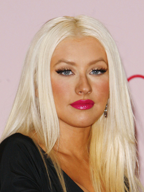 Photo of Christina Aguilera at Inspire Perfume Launch with Bleach Blonde Hair, Glossy Raspberry Lipstick, Fake Tan. Love or Hate