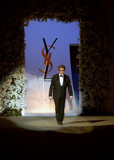 2002: Yves Saint Laurent takes a bow at his last ever couture show at Centre Pompidou in Paris.