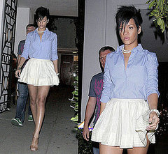 Rihanna Shops at Opening Ceremony boutique in LA in Twenty8Twelve Ivory Skirt, Chambray Blouse and Pearls