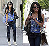 Vanessa Hudgens in LA Wearing a Blue Floral Madison Marcus Blouse, Skinny Cropped J Brand Jeans, Ivory Cole Haan Booties