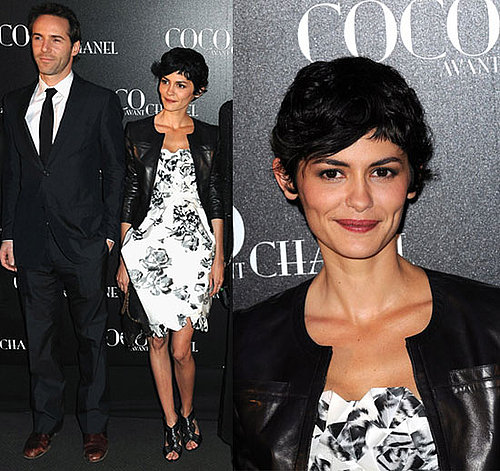 French Actress Audrey Tatou Wear a Black and White Floral Chanel Dress at the "Coco Avant Chanel" Paris Premiere
