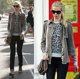 Claudia Schiffer in London Wearing Leopard Sweater and Tan Suede Jacket