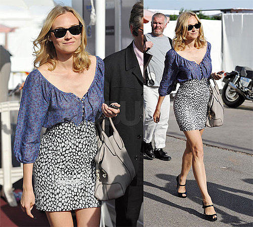 Diane Kruger Strolling Cannes in Splendid Floral Blouse and Ray Ban Wayfarers