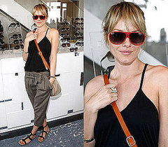 Actress Monet Mazur in Cargo Pants and Red Sunglasses at Solstice Sunglasses at the Lia Sophia Upfront Suite