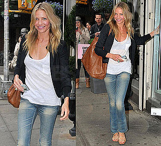 Photo of Cameron Diaz Wearing Distressed Jeans, Tank, and Blazer in New York