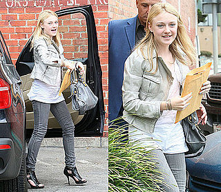 Dakota Fanning Hands Out With Kristen Stewart Wearing Gray Skinny Jeans and a Balenciaga Bag