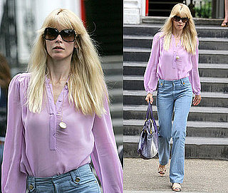 Claudia Schiffer Drops Her Kids at School Wearing Lilac Sheer Blouse and High-Waisted Jeans