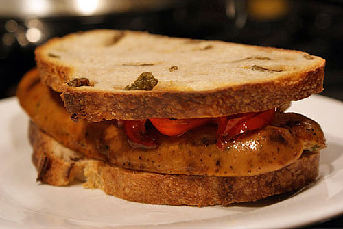 Recipe For Grilled Gourmet Sausage Sandwich With Peppers and Onions on Olive Bread