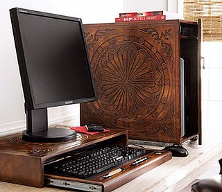 Wooden CPU Stand/Keyboard Holder From Neiman Marcus Hides Computer With Wooden Carving