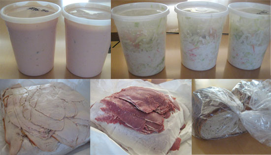 To make Brian's sandwich you need: Russian dressing, cole slaw, deli meat (we used turkey and pastrami), and rye bread.
To make Brian's sandwich you need: Russian dressing, cole slaw, deli meat (we used turkey and pastrami), and rye bread.