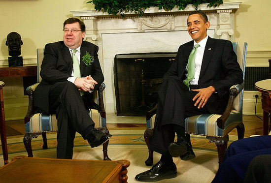 President Obama and Irish Prime Minister Brian Cowen take part in a shamrock ceremony.
President Obama and Irish Prime Minister Brian Cowen take part in a shamrock ceremony.