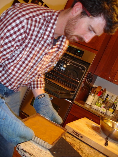 Making the chocolate pumpkin tart.